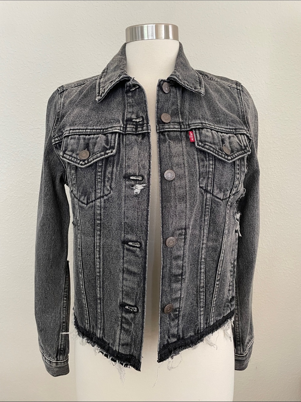 Levi's Black Washed Distressed Denim trucker Jacket with Frayed Hem